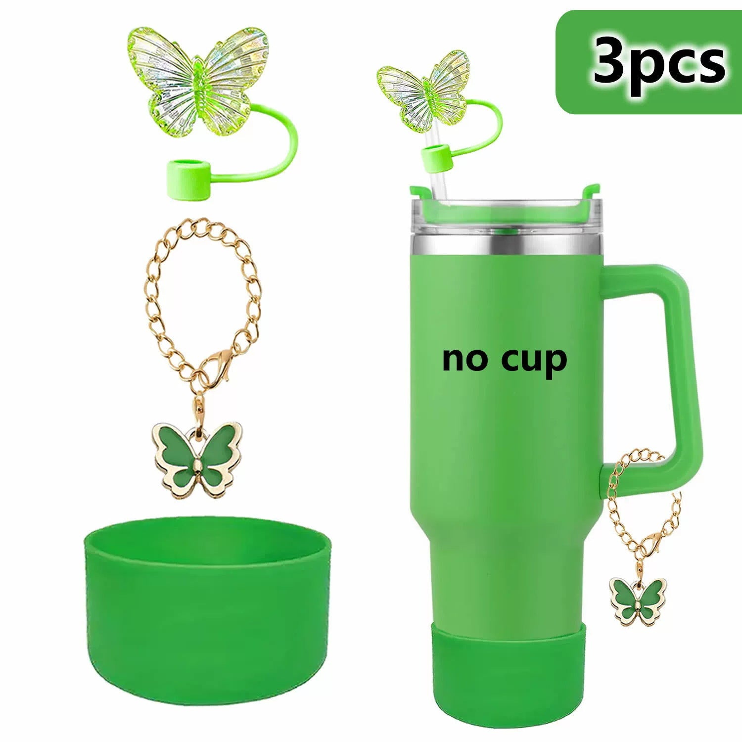 Wholesale Cup butterfly decorative straw cap silicone cup cover resin butterfly cup chain silicone cover 3-piece set
